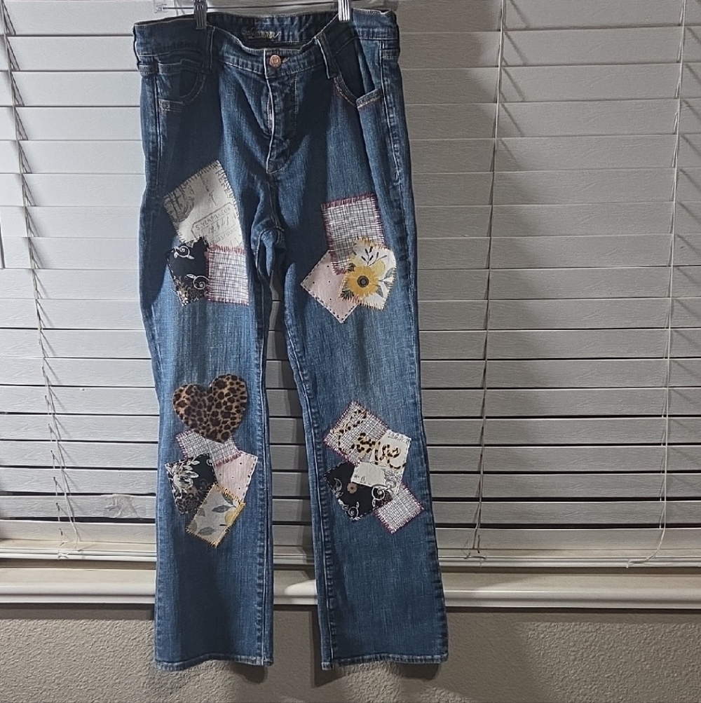 Old Navy Blue Patchwork Straight-Leg Jeans with Floral & Leopard Accents